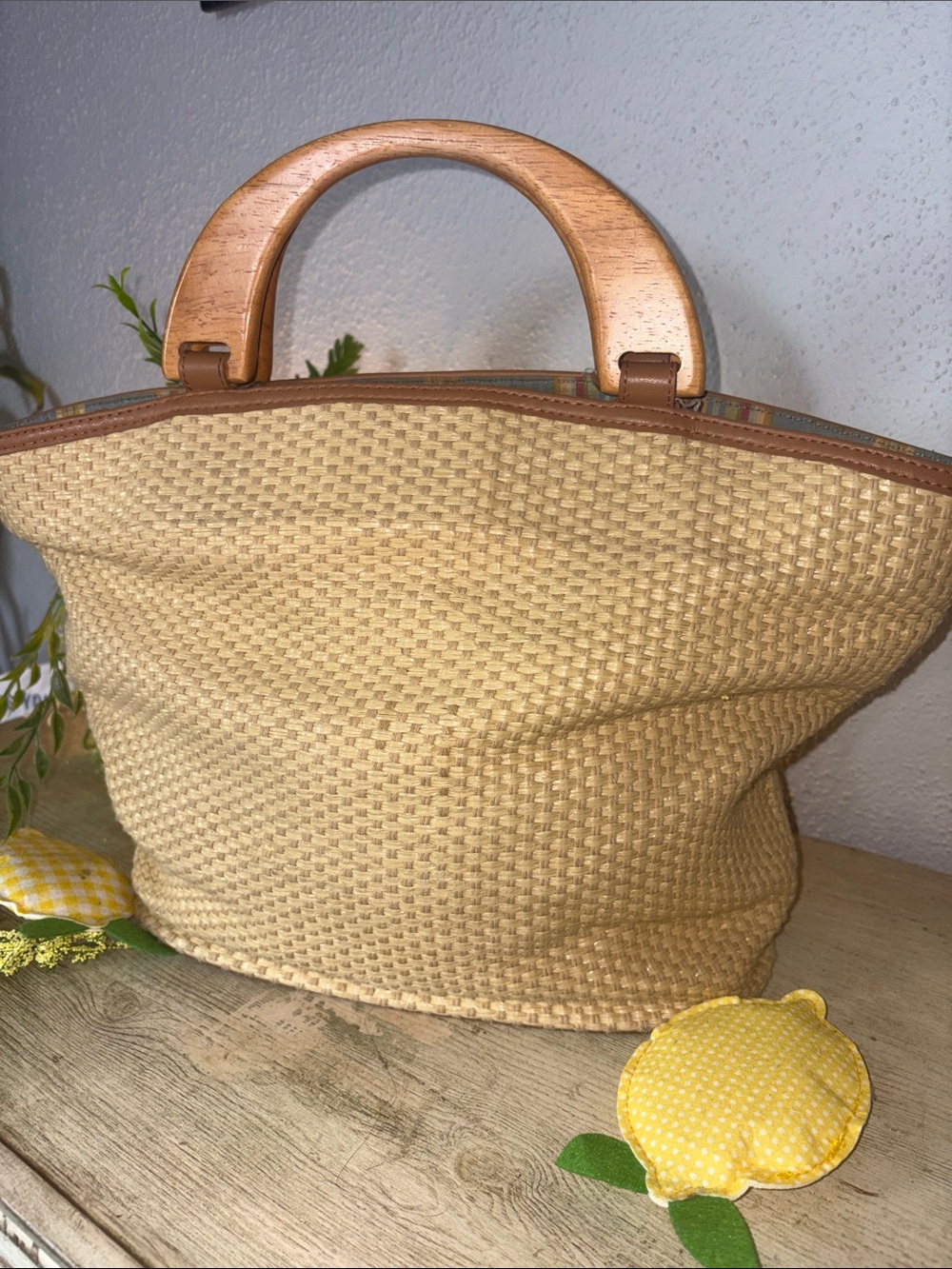 Fossil Beige Woven Tote with Wooden Handles - Picture 3 of 6